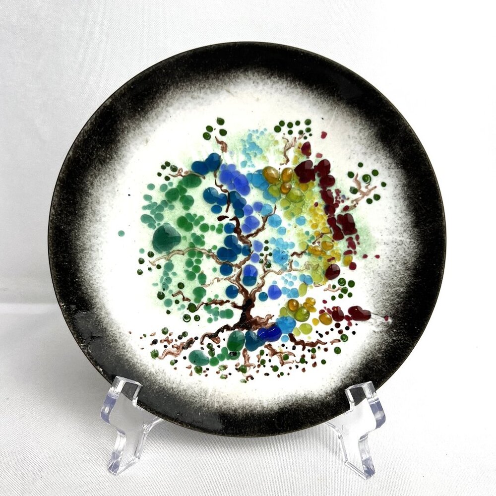 Enamel Over Metal Vintage Trinket Dish Bowl Colorful Abstract Unique Art 6”